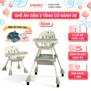 Ghế ăn dặm cho bé 2024 PAKEY Tặng Cốc Lúa Mạch, Ghế tập ăn 2 tầng cải tiến có bánh xe tiện lợi, bảo hành 1 năm