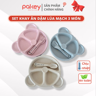 Bộ Khay Ăn Dặm Cho Bé Chia Ngăn Kèm Thìa Dĩa PAKEY, Bát Ăn Dặm Lúa Mạch An toàn, Chịu Nhiệt Cao, Sẵn 3 Màu Xinh