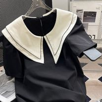 Áo Bigsize Nữ Mập Fashion Áo Kiểu BigSize Đen Cổ Trắng Thêu Kết Hợp Quần Jean Gỉa Váy Đủ Size 5090kg AO0021