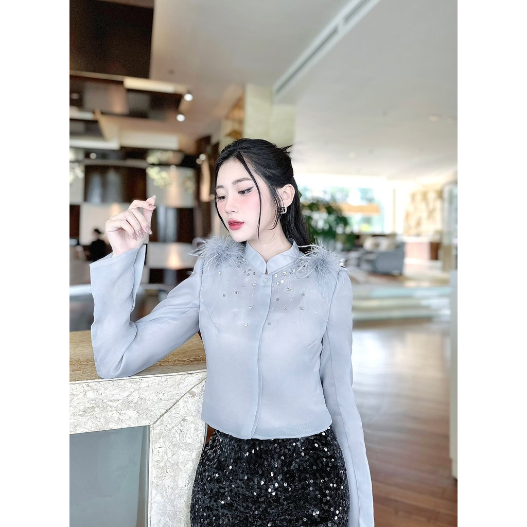 Khâu Áo xám ghi sang chảnh đính đá thủ công kết hợp đính lông đi tiệc đi chơi