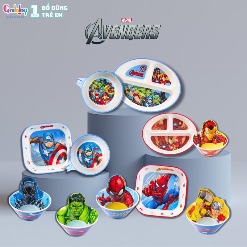 Bộ Tô Đĩa Khay Ăn Dặm Nhựa Melamine Nhân Vật Marvel Cho Bé (Spiderman, Captain, Ironman, Thor, Hulk, Black Panther)