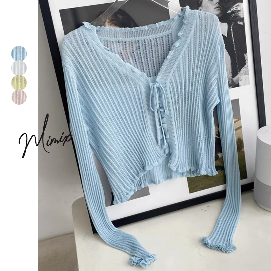 Áo khoác len nữ Cardigan viền ren thắt nơ MIMIX DI5145