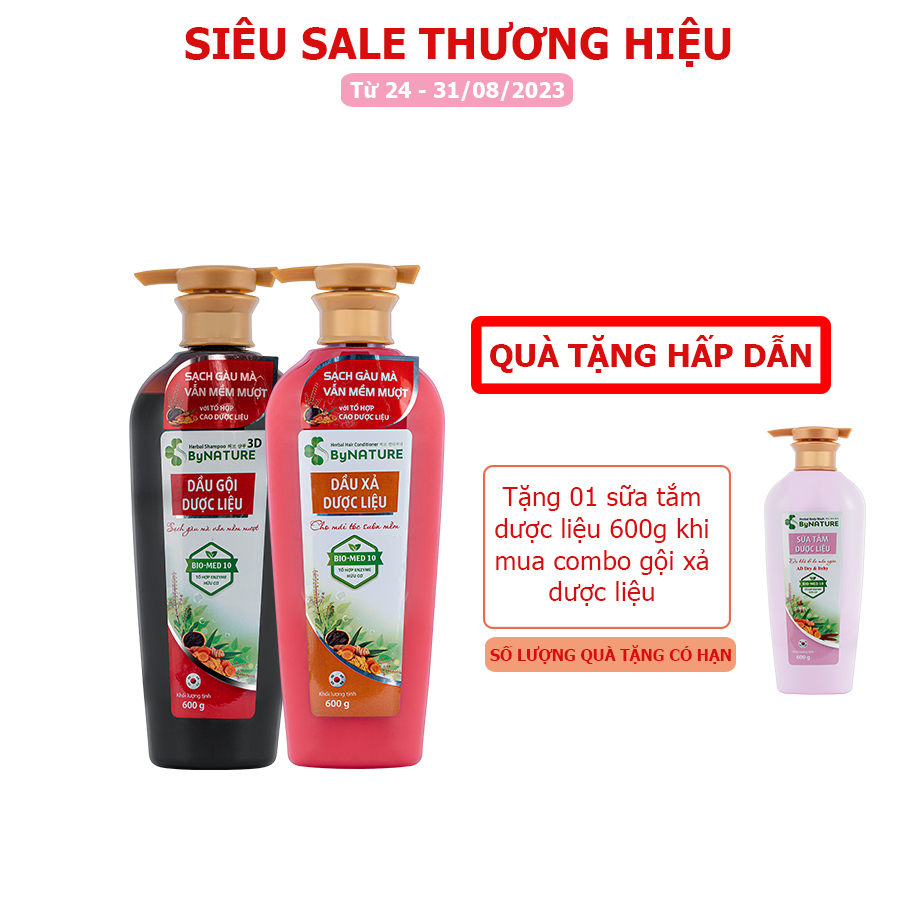 Cặp Dầu gội dược liệu & dầu xả By NUTURE 3D 600g cho tóc sạch gàu và mềm mượt