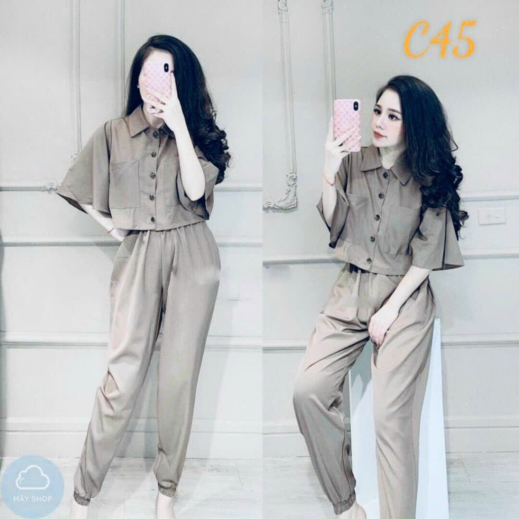 Set bộ sơ mi nút giữa 2 túi ,bộ đồ công sở, set áo vest ngắn tay lỡ quần ống túm đi chơi dạo phố cá tính trẻ trung