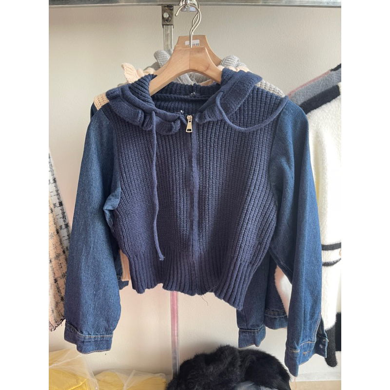Áo khoác len nữ pha jean có mũ dáng croptop hàng QC