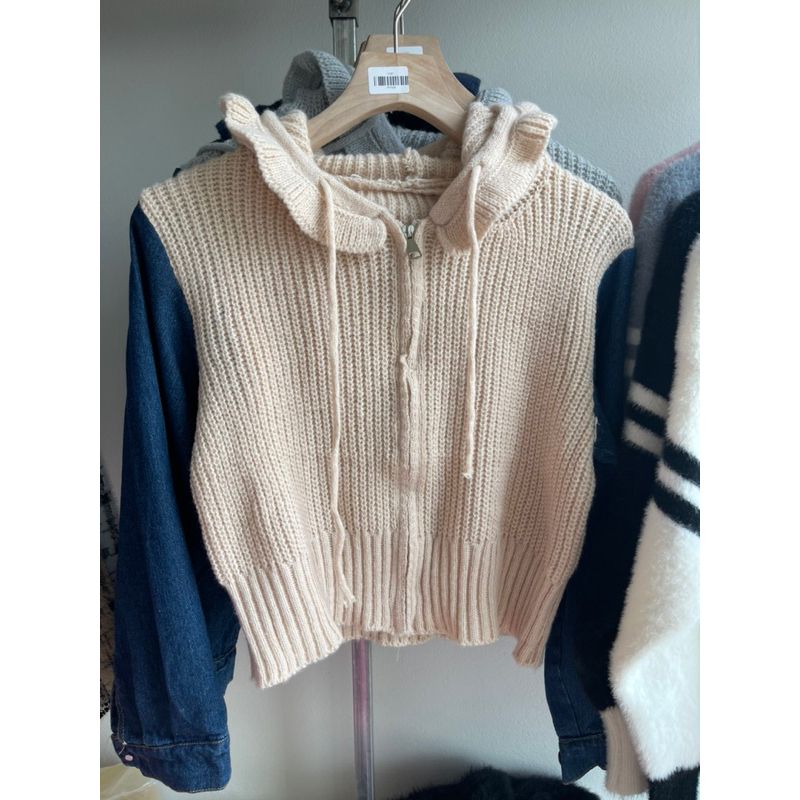 Áo khoác len nữ pha jean có mũ dáng croptop hàng QC