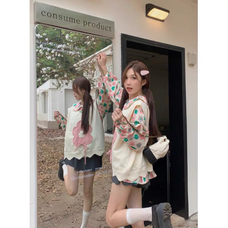 Set Áo Hoa Áo Ghile Len