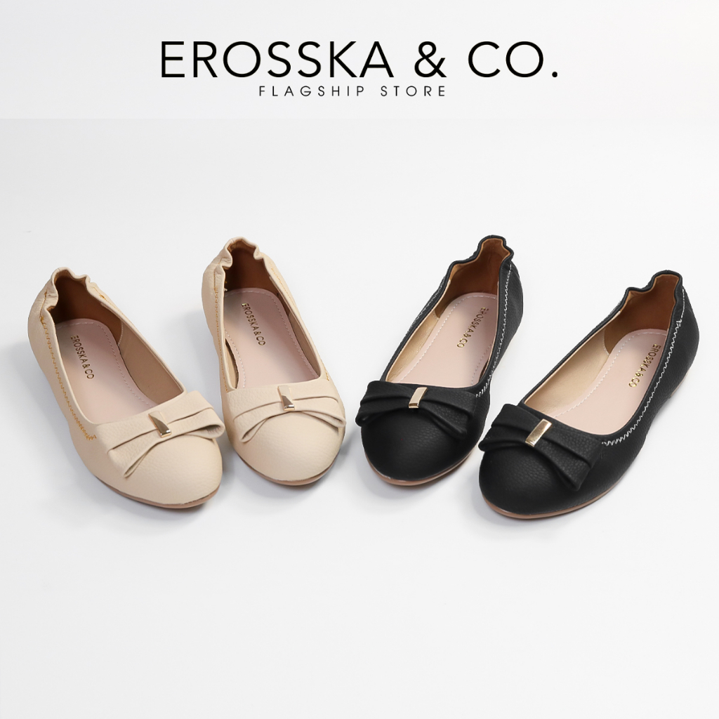 Erosska - Giày búp bê nữ đế bệt mũi tròn đính nơ xinh xắn màu kem - EF020