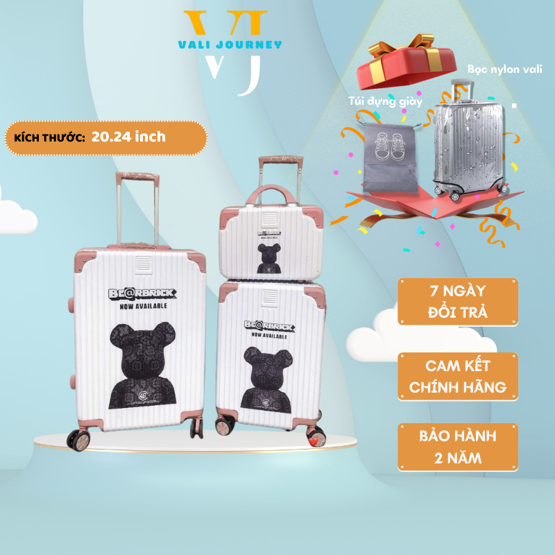 Vali du lịch kéo BEARBRICK 20/24 inch nhựa PVC, hình cartoon gấu vỏ mềm chống va đập, cứng cáp, chịu lực tốt, 4 bánh