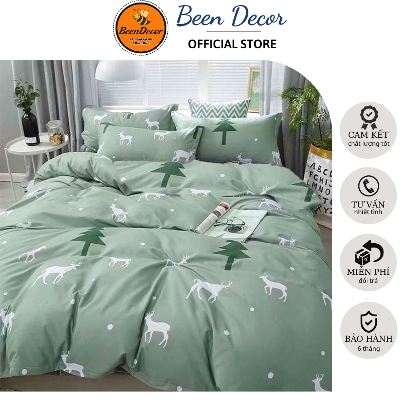 Bộ 5 món vỏ chăn (bọc chăn bông) bền đẹp giá rẻ mẫu Tuần Lộc Xanh chất Cotton Poly, có khóa kéo, mền đắp mỏng không ruột