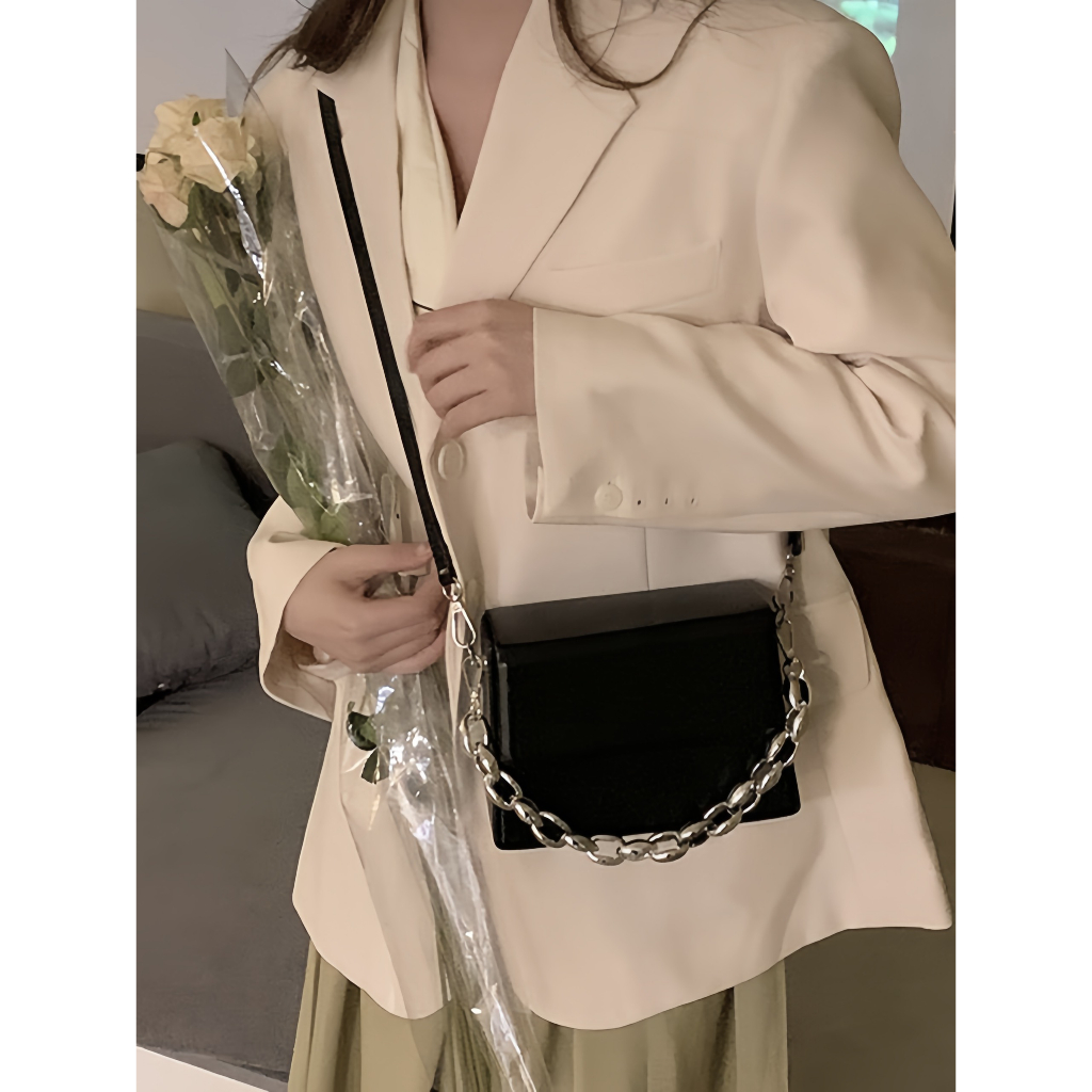 Túi hộp chữ nhật phối xích 2 màu đen nâu YIMI túi xách nữ thời trang