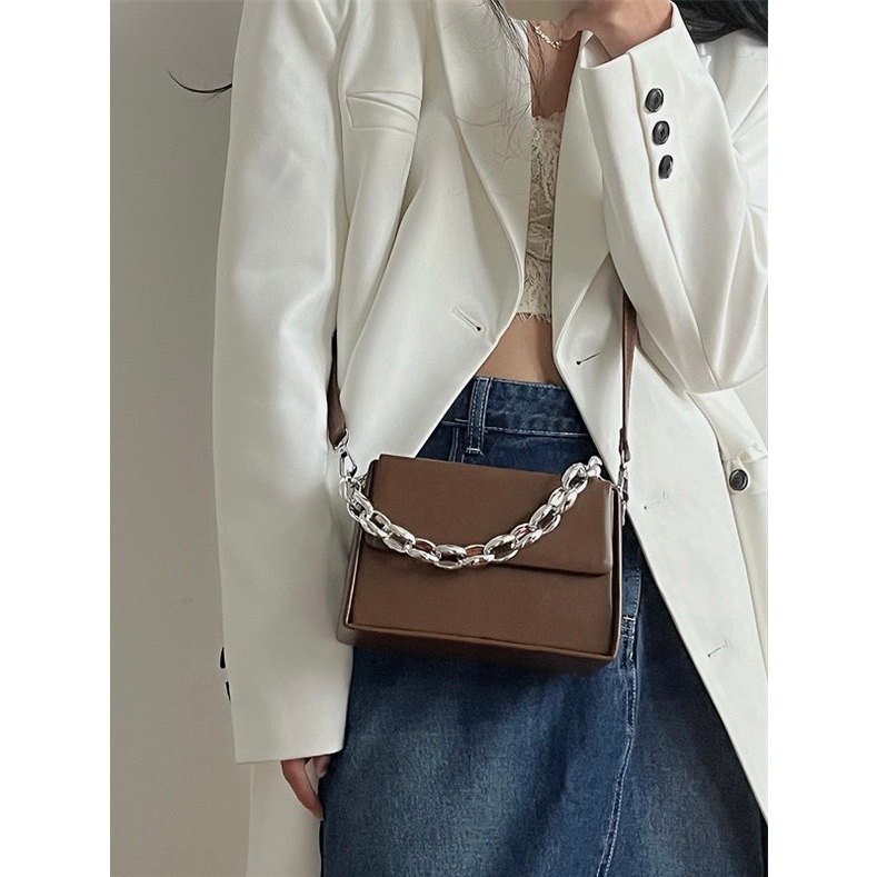 Túi hộp chữ nhật phối xích 2 màu đen nâu YIMI túi xách nữ thời trang