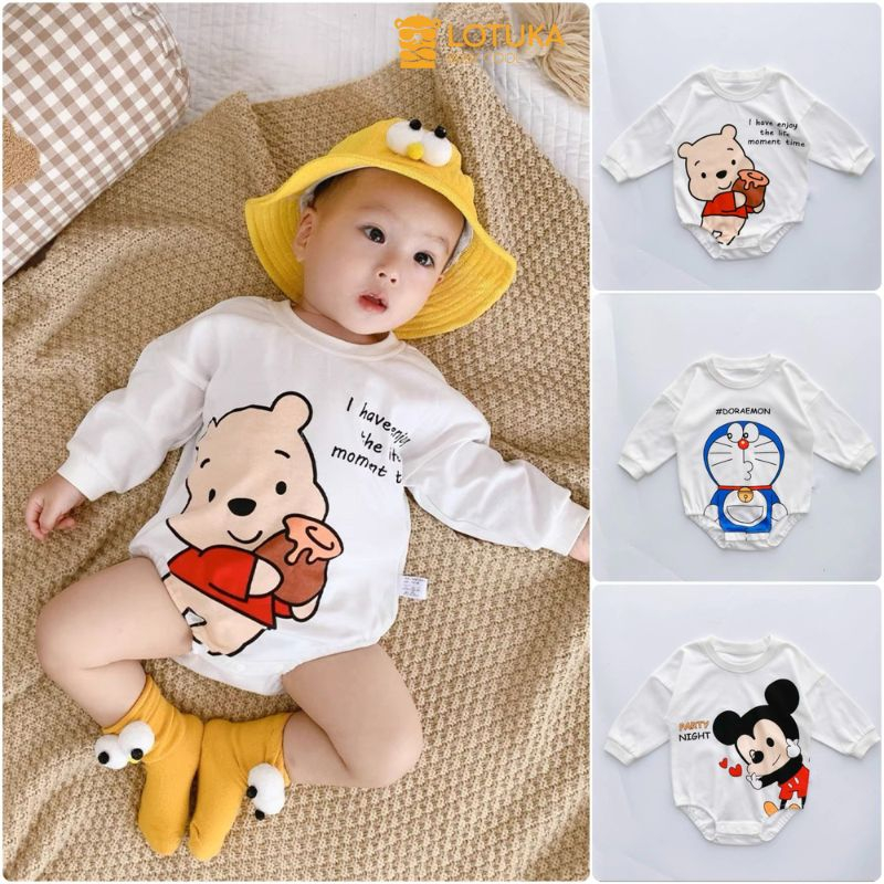 Bodysuit Dài Tay Sơ Sinh Lotuka In Hoạt Hình Dễ Thương, Body Chip Thu Đông Chất Thun Cho Bé Từ 3-12kg