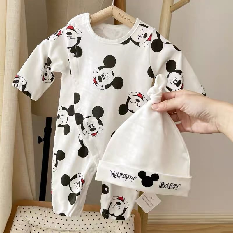 Bodysuit LOTUKA Love Dad&Mum Kèm Mũ Đáng Yêu, Bộ Liền Thân Dài Tay In Họa Tiết, Chất Liệu Cotton Mềm Mịn Size 3-12kg