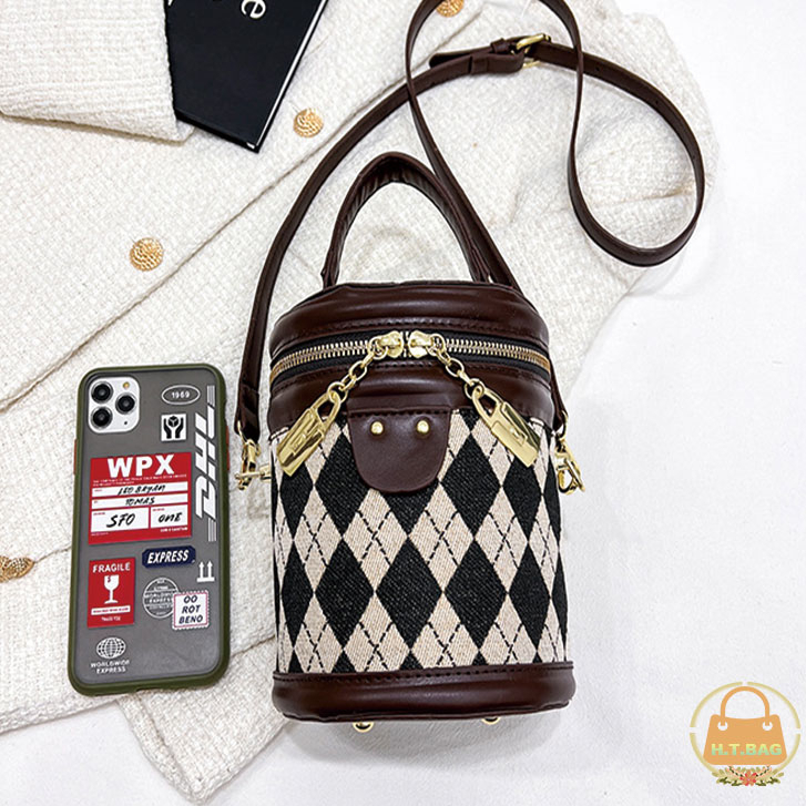 Túi xách nữ đeo chéo tròn thời trang có khóa kéo cổ điển  Túi Bucket hình thoi đan vintage túi đeo chéo