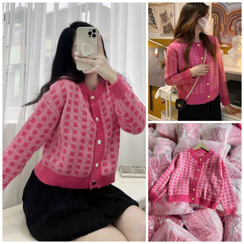 Áo len cardigan cúc khuy kẻ  màu hồng hàng Qc