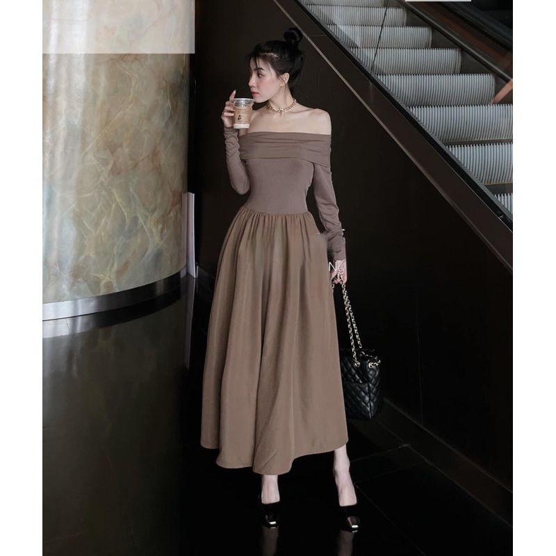 Váy maxi trễ vai dài tay hàng l1 chuẩn mẫu mặc