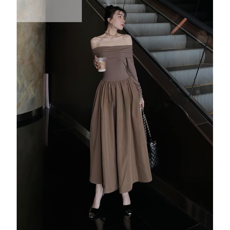 Váy maxi trễ vai dài tay hàng l1 chuẩn mẫu mặc