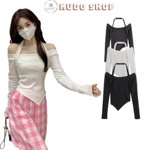Áo trễ vai kèm dây áo yếm, Croptop cotton co dãn hở vai tay dài phong cách cá tính sexy Kudoshop