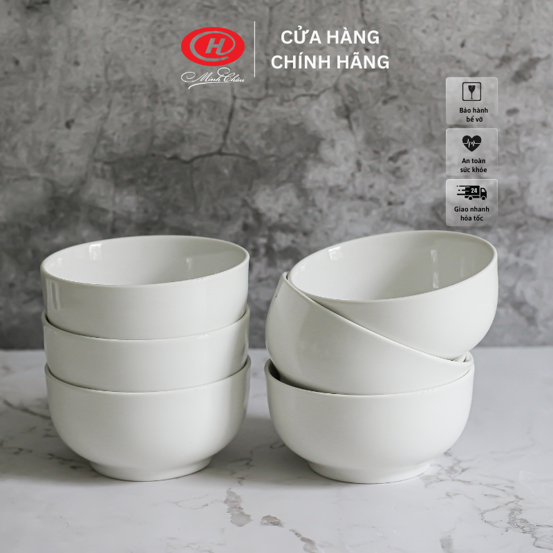 Bộ 6 bát cơm sứ Minh Châu trắng trơn 12cm - C07B6