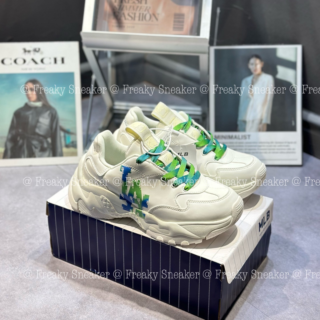 Giày Thể Thao Sneaker MLB Chunky BigBall Saffiano Diamond Màu Trắng Kem Chữ LA Xanh Đế Dày Cho Nam Nữ