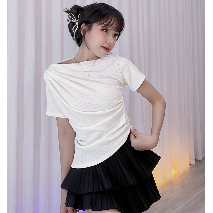 Áo Thun Lệch Vai Nhún Vạt Xéo Nhọn