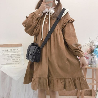 Váy suông nữ chất nhung vintage baby phổi cổ trắng tiểu thư