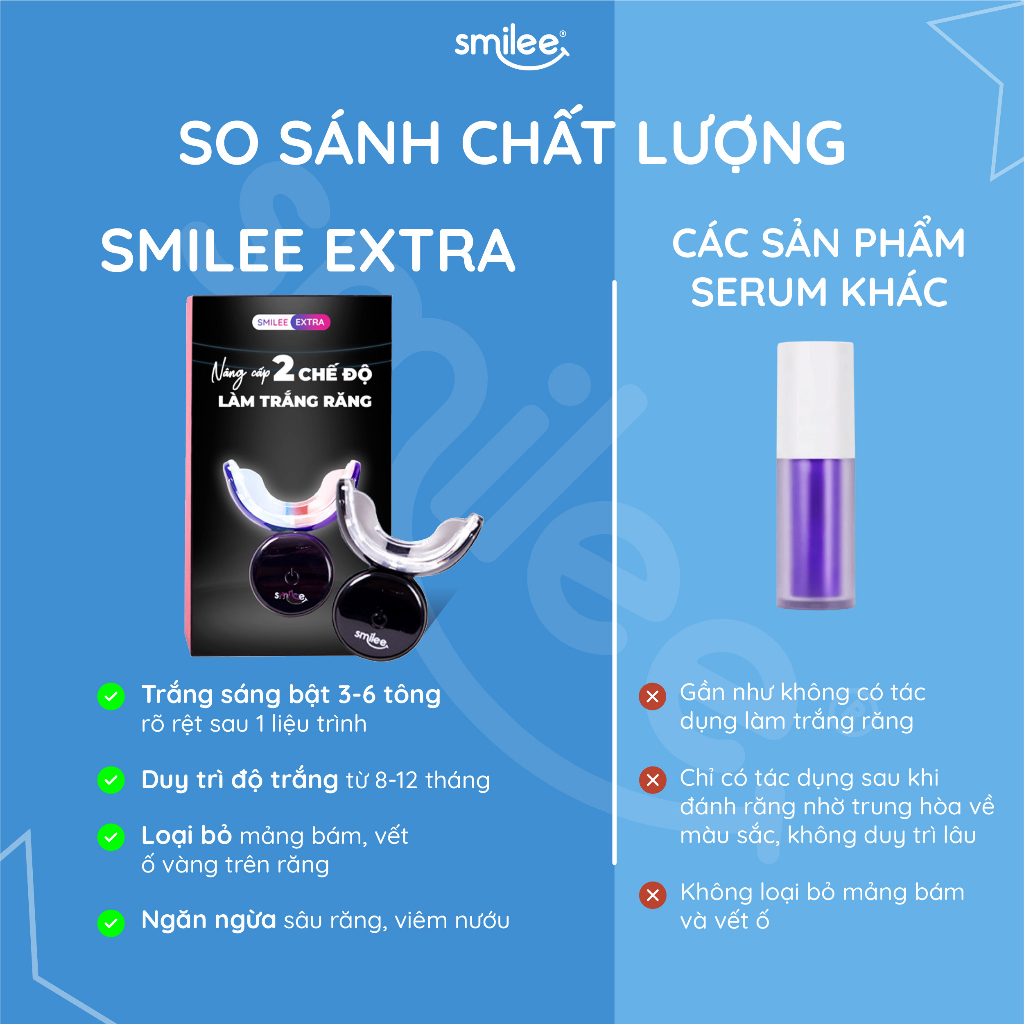 Trắng răng Smilee  Extra, trắng răng từ 3-6 tone sau một liệu trình giúp hơi thở thơm mát tự tin. Hàng chính hãng