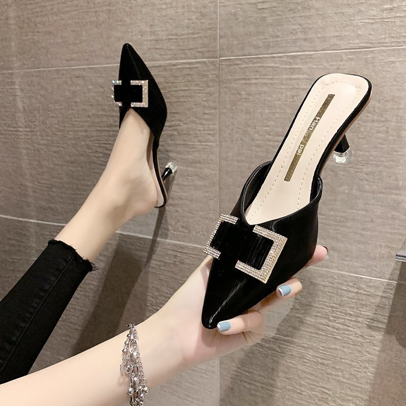 Giày guốc nữ cao gót 7cm phối khóa đá vuông lên chân cực xinh - DE51
