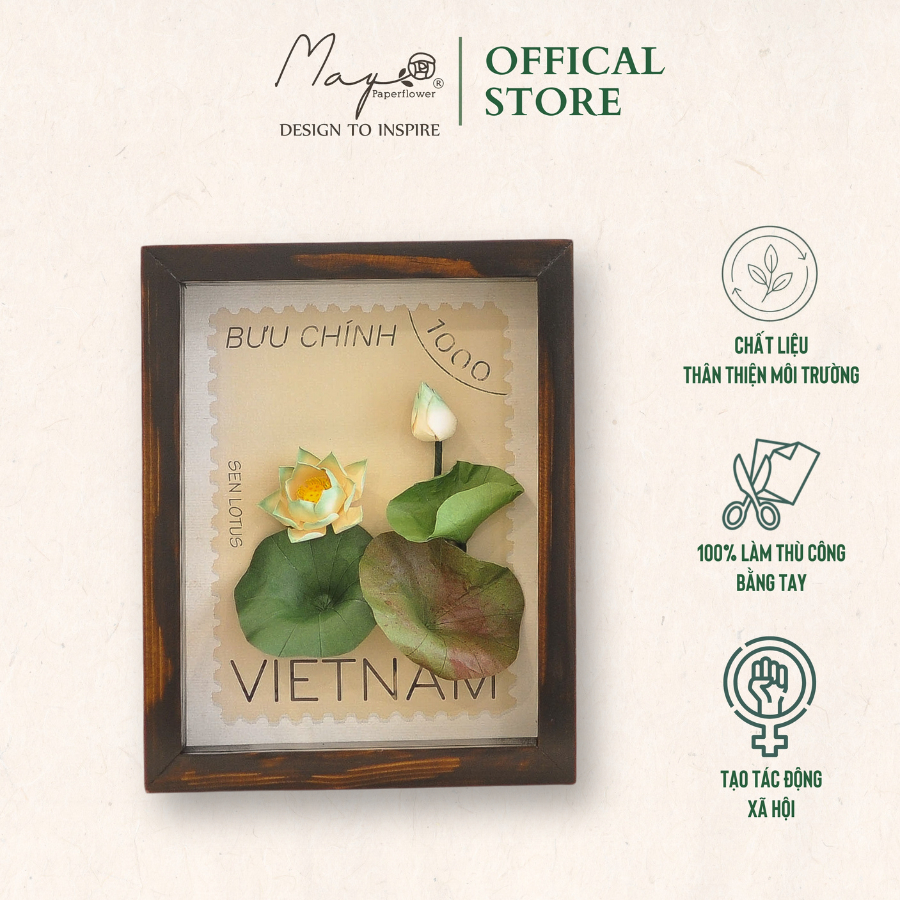 Tranh Hoa Giấy Handmade Trang Trí - Tem Hoa Sen MAYPAPERFLOWER Khung Gỗ Size 20x25cm