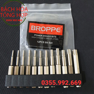 Mũi vít có lỗ chuôi lục giác. Bộ 12 mũi lục giác hoa thị dài 50mm cho khoan pin, điện hãng Broppe