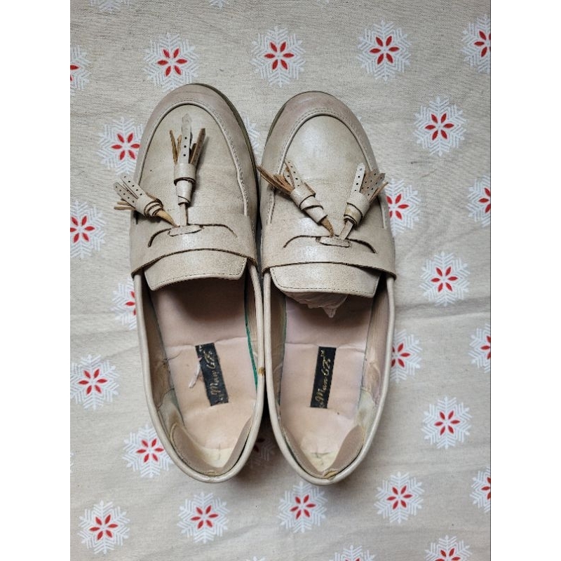 Size 39 - Giày lười loafer moca đế bệt mũi tròn màu kem xám tro
