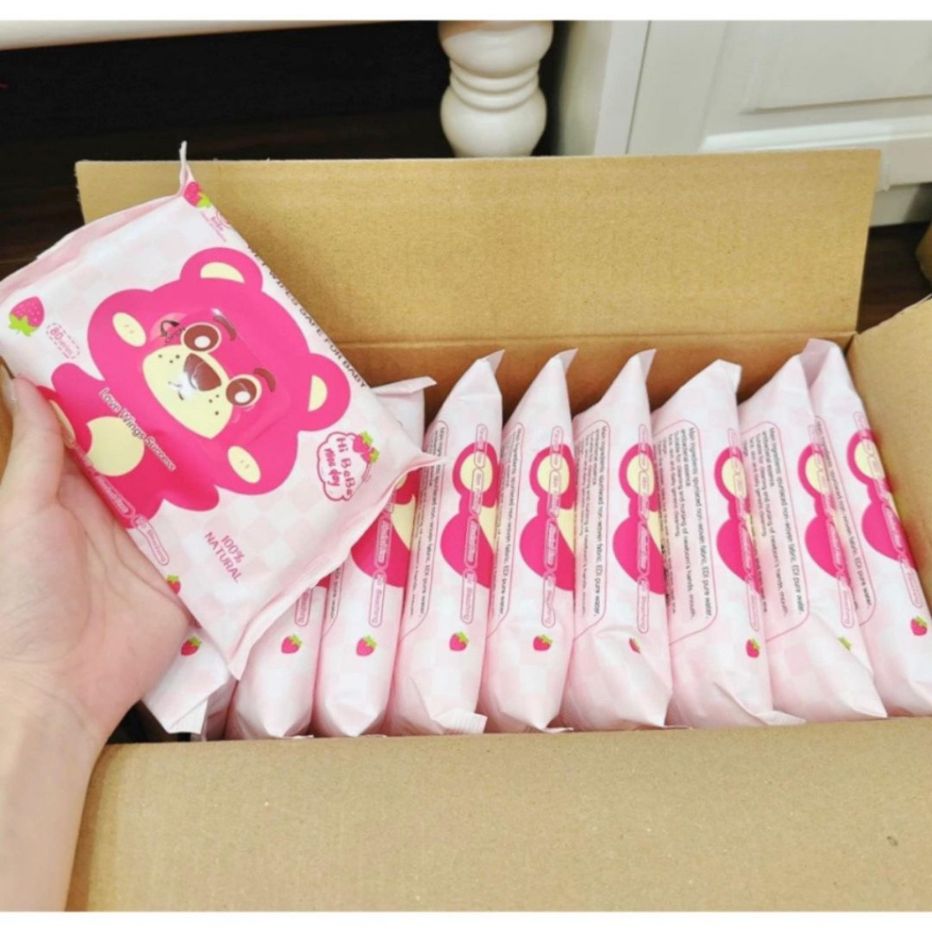 Khăn Giấy Ướt Lotso Gấu Dâu, Thùng 10 Gói Khăn Giấy Ướt Siêu Mềm Mịn Kháng Khuẩn Không Gây Kích Ứng Da An Toàn Sử Dụng