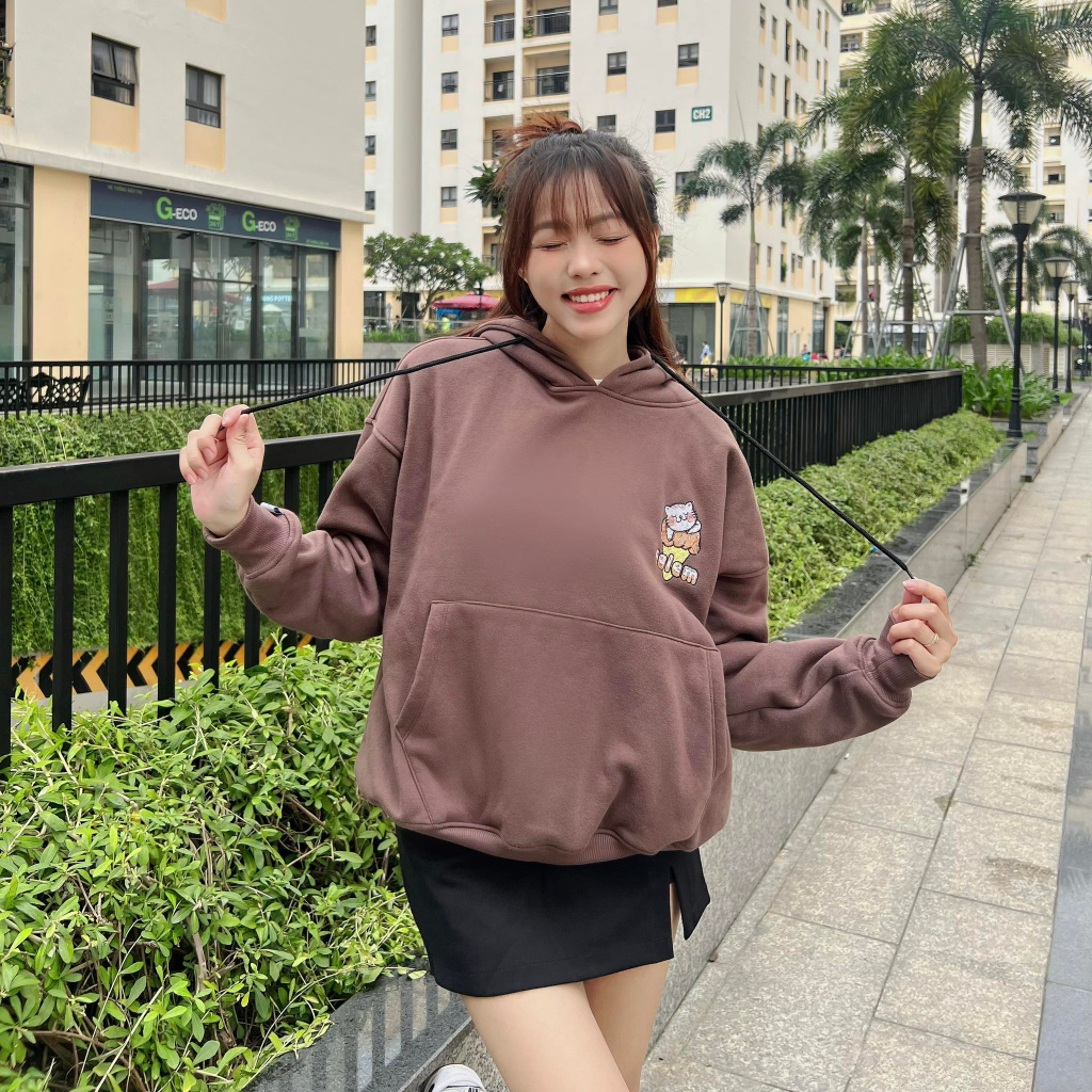 Calem Club - Áo Hoodie Chui Đầu nỉ lót bông thêu MOEW form Boxy