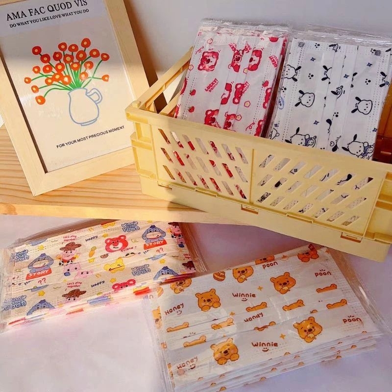 5 cái khẩu trang người lớn 3 lớp hoạt hình gấu dâu Lotso/gấu Pooh/Cinnamoroll/Pochacco/Stella