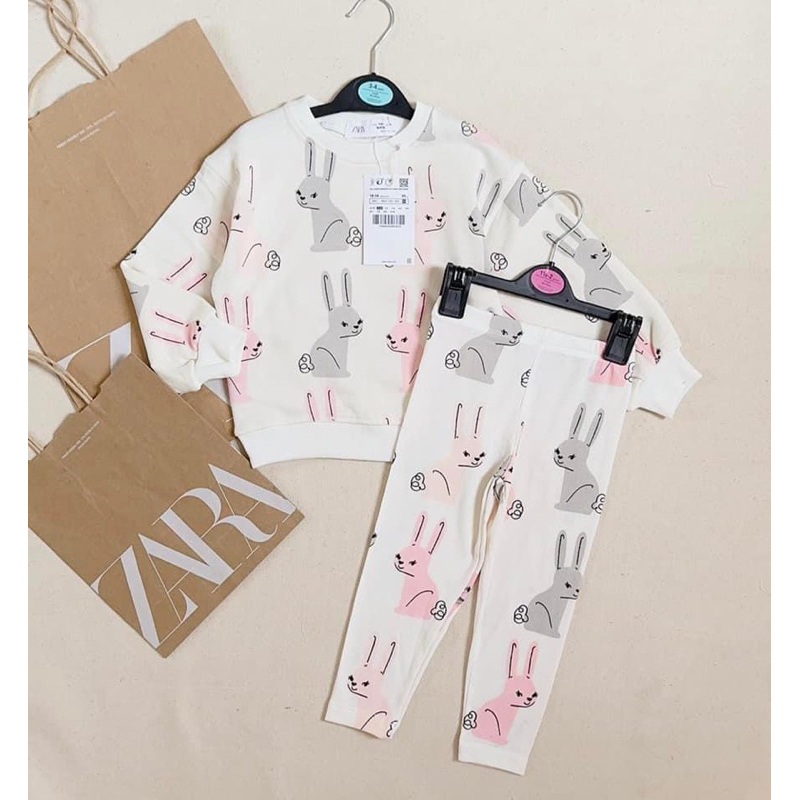 Sét bộ áo nỉ chân cua hình thỏ quần tăm cho bé gái