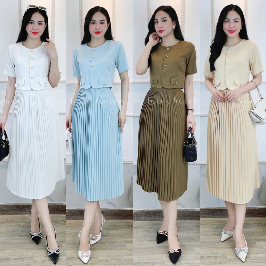 Set chân váy xếp li mix áo sơ mi cổ tròn LEOSWEARING A452 A453 A454 A455