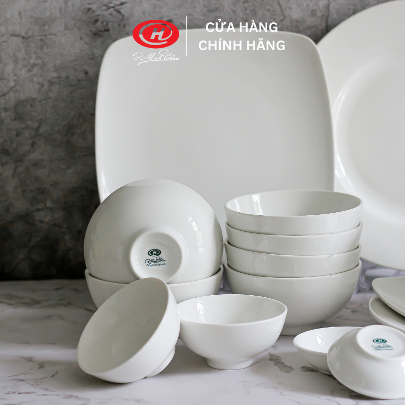 Bộ bát đĩa 16 món cỡ vừa sứ Minh Châu trắng trơn - BO16CV