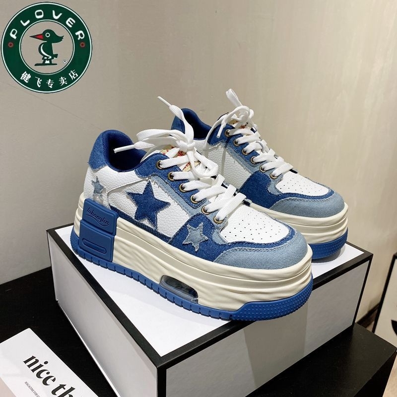Giày nữ sneakers thể thao đế bánh mì họa tiết y2k ngôi sao xanh và đen