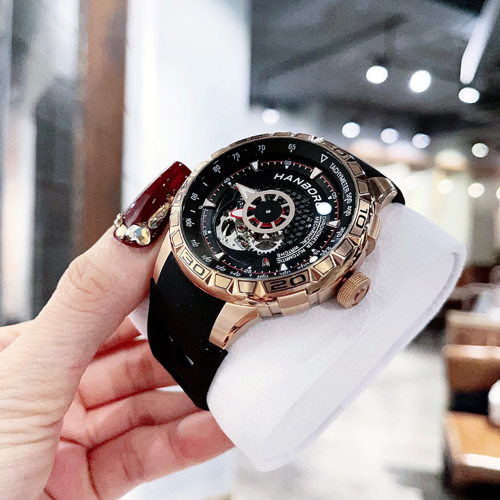 Đồng hồ nam Hanboro Automatic HBR-9205, Size 46mm, dây cao su, Authentic, Full box, Luxury Diamond Watch