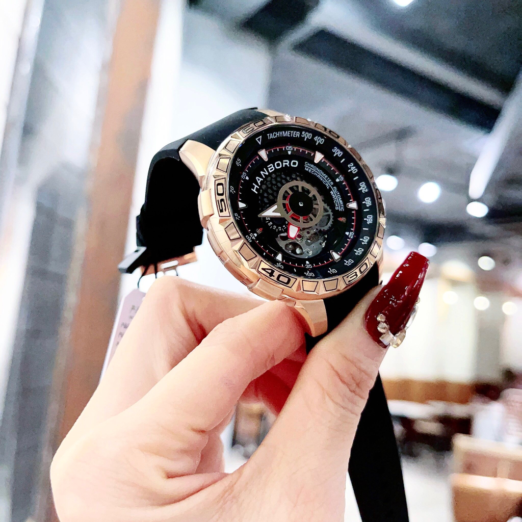 Đồng hồ nam Hanboro Automatic HBR-9205, Size 46mm, dây cao su, Authentic, Full box, Luxury Diamond Watch