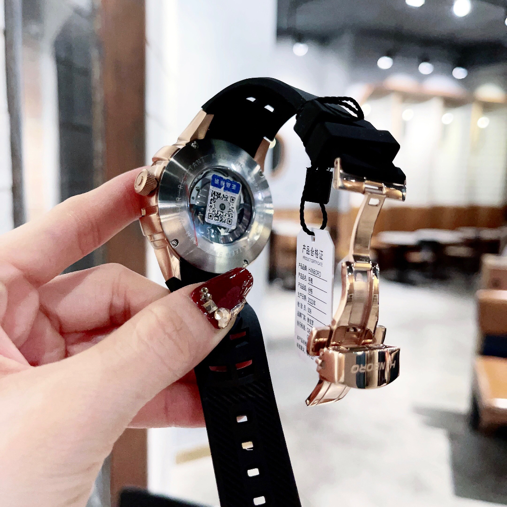 Đồng hồ nam Hanboro Automatic HBR-9205, Size 46mm, dây cao su, Authentic, Full box, Luxury Diamond Watch