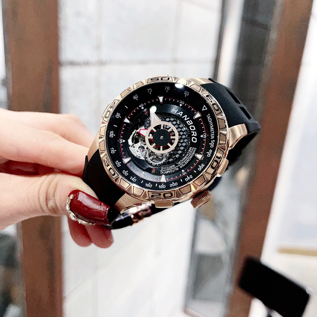 Đồng hồ nam Hanboro Automatic HBR-9205, Size 46mm, dây cao su, Authentic, Full box, Luxury Diamond Watch
