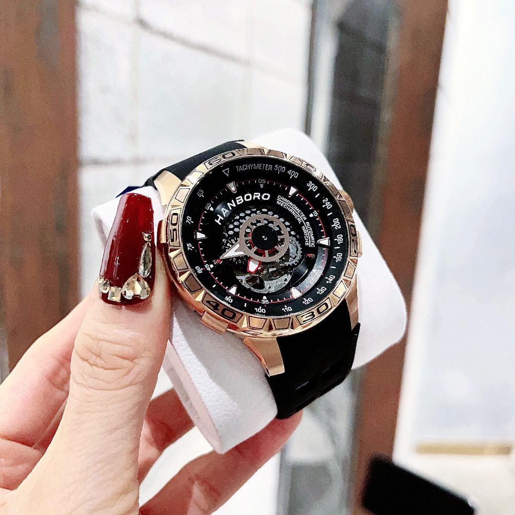 Đồng hồ nam Hanboro Automatic HBR-9205, Size 46mm, dây cao su, Authentic, Full box, Luxury Diamond Watch