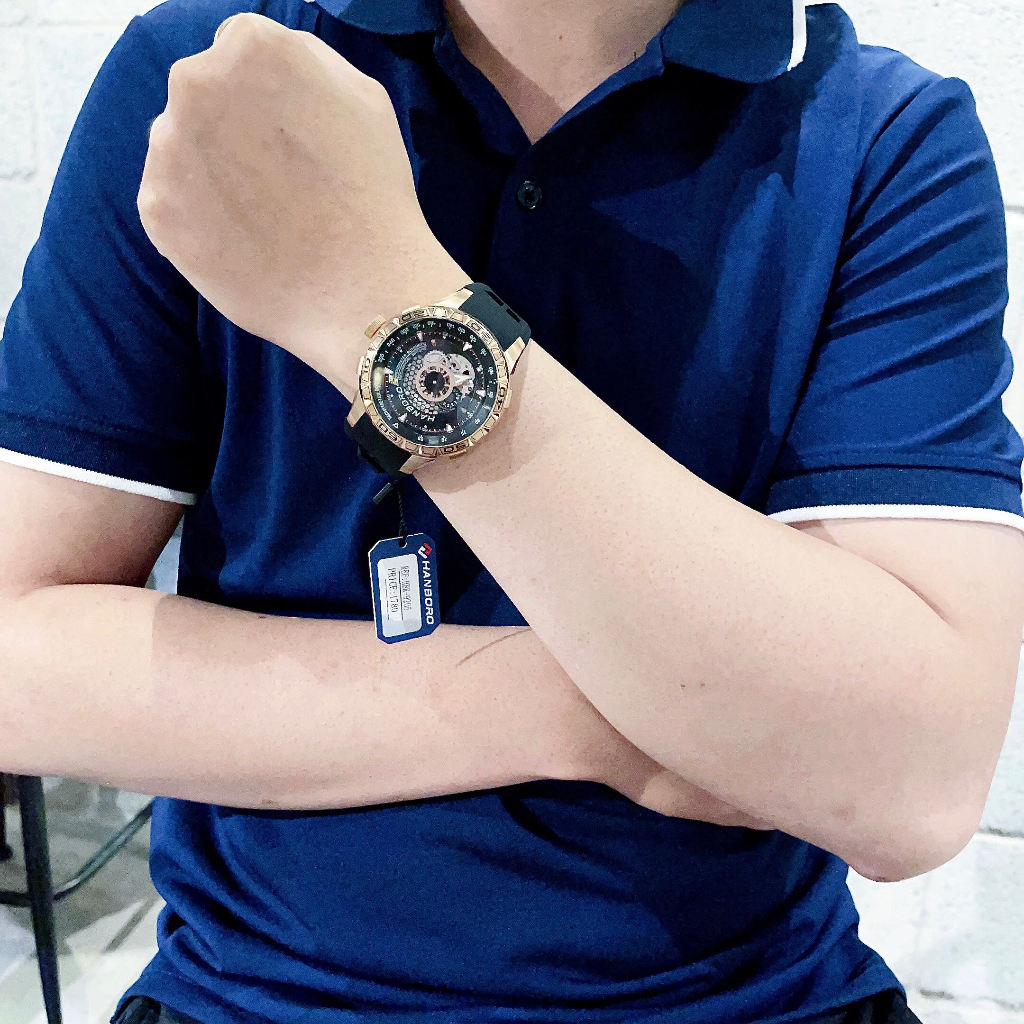 Đồng hồ nam Hanboro Automatic HBR-9205, Size 46mm, dây cao su, Authentic, Full box, Luxury Diamond Watch