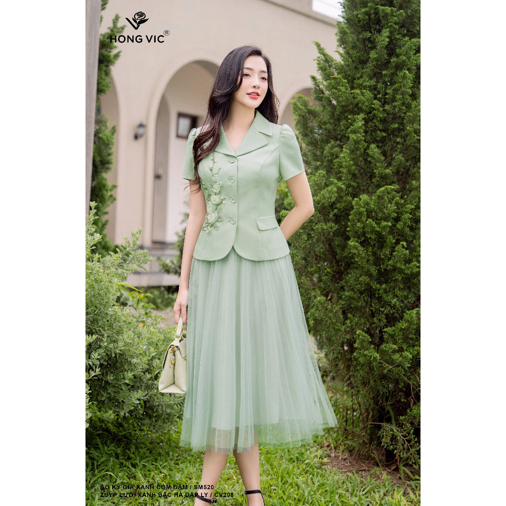 Chân váy nữ thiết kế Hong Vic lưới xanh bạc hà dập ly CV208