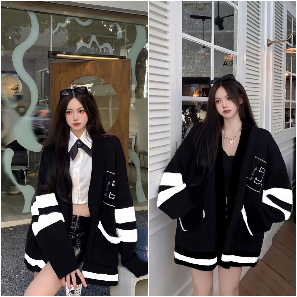 Áo Khoác Cardigan Chữ E Màu Đen Phối Tay Phong Cách Hàn Quốc
