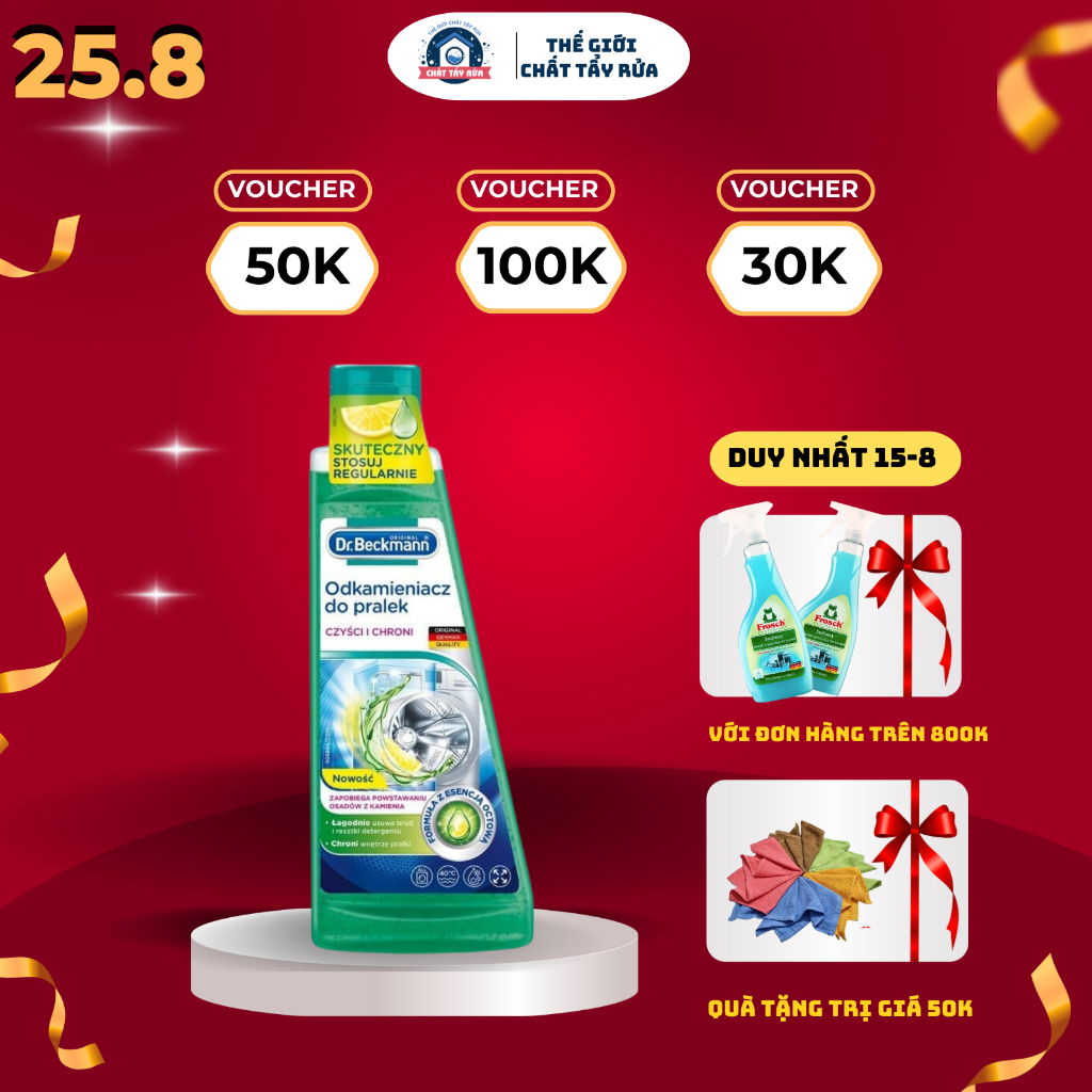Dung dịch vệ sinh lồng giặt, Tẩy rửa cặn máy giặt Dr.Beckmann 250ml Tinh chất Giấm Chanh nhập khẩu Đức