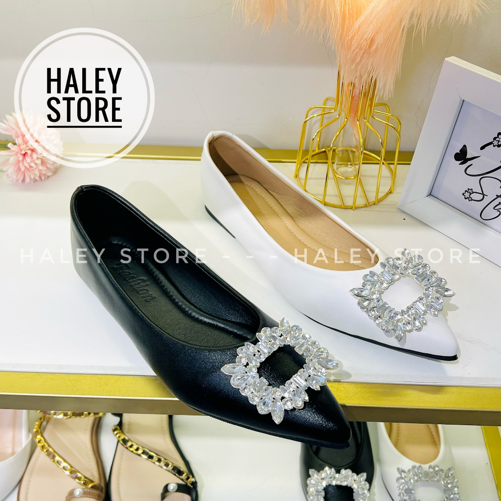 Giày búp bê bệt đá HALEY STORE đế bệt mũi nhọn khóa đá vuông tiểu thư đi chơi đi tiệc đi học kỉ yếu đi làm du lịch