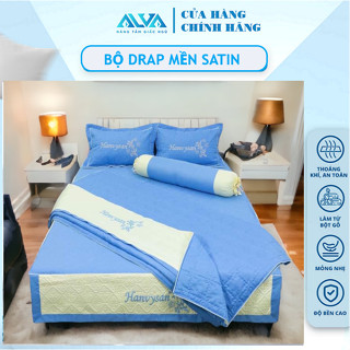 Bộ drap mền phủ satin thêu hoa cao cấp, drap giường chần bông dày dặn, màu sắc đa dạng, tươi mới